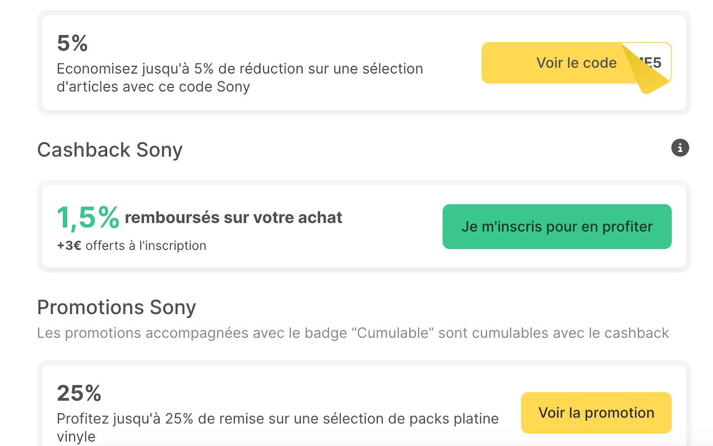 Capture d'écran d'un site de coupons affichant de faux codes promo Sony