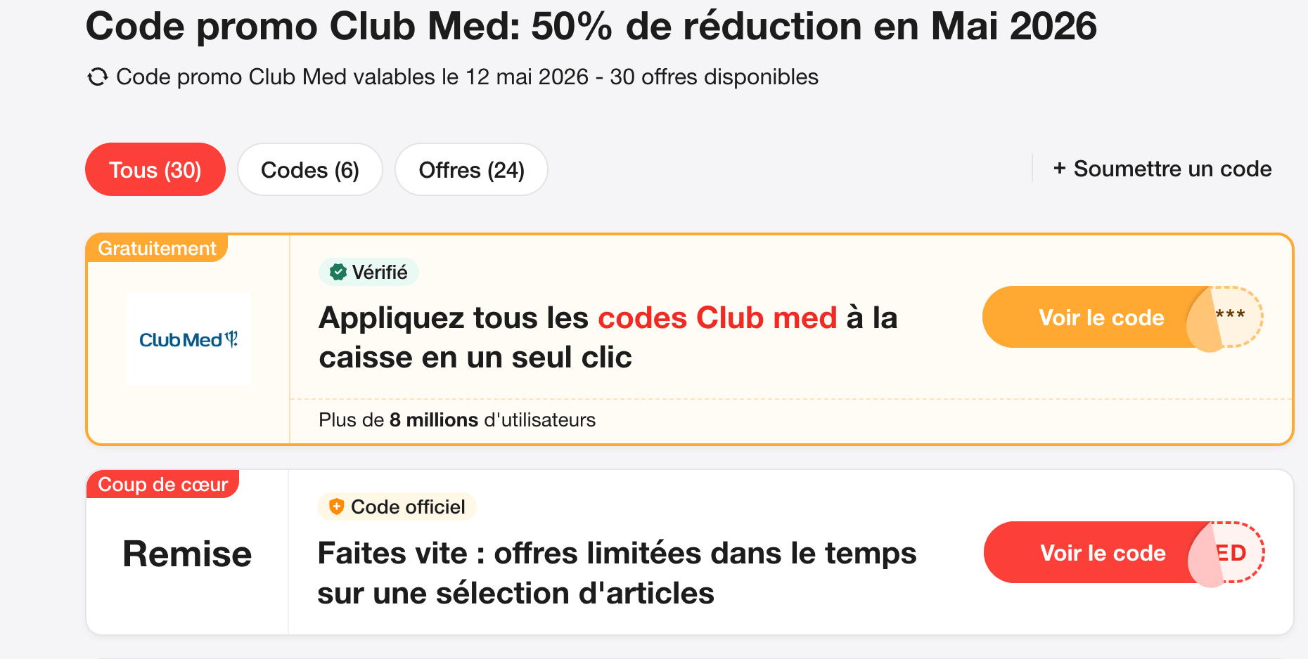 Capture d'écran d'un site de coupons affichant de faux codes promo Club Med