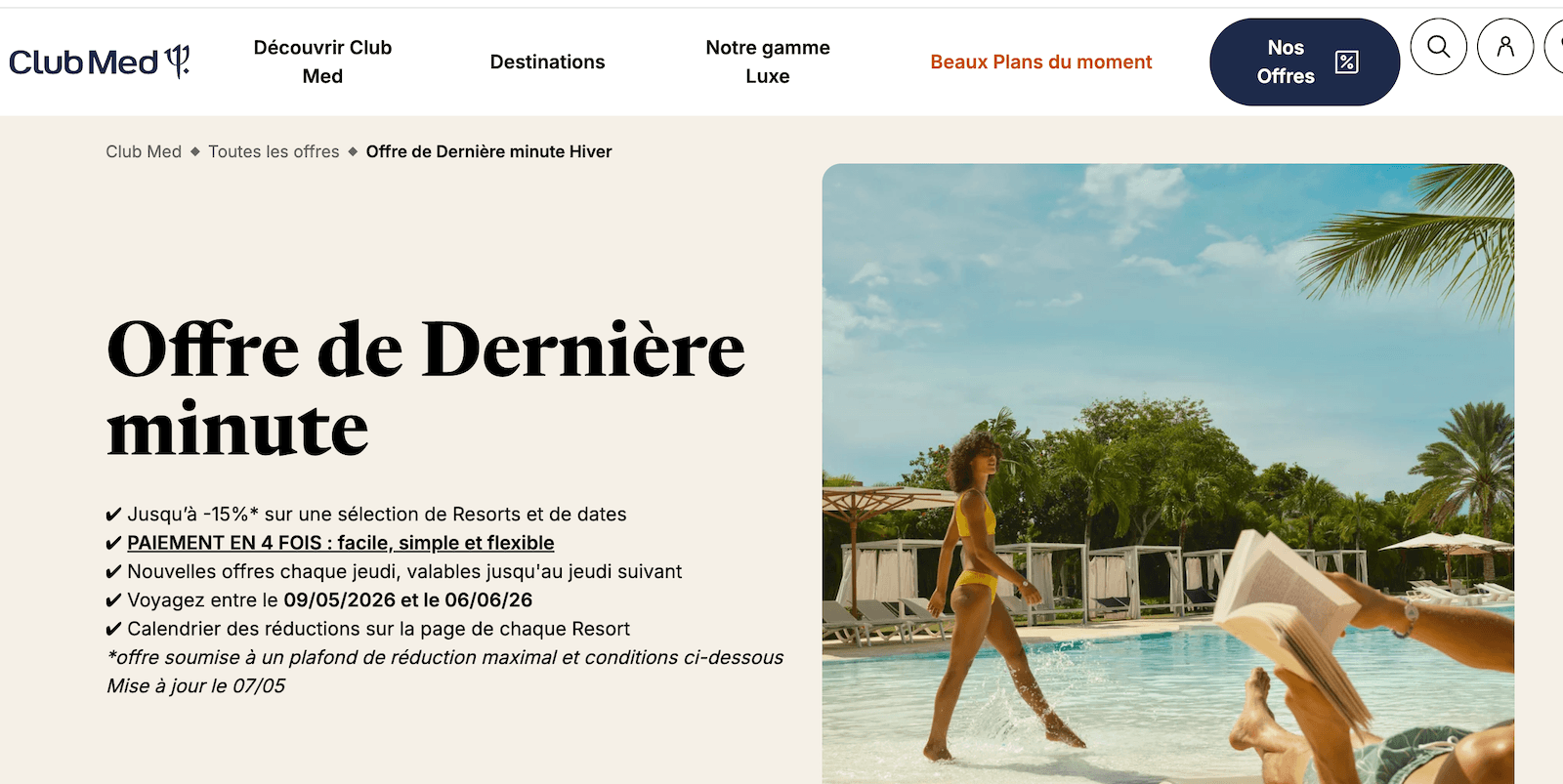 Capture d'écran de la page Offre de dernière minute sur clubmed.fr