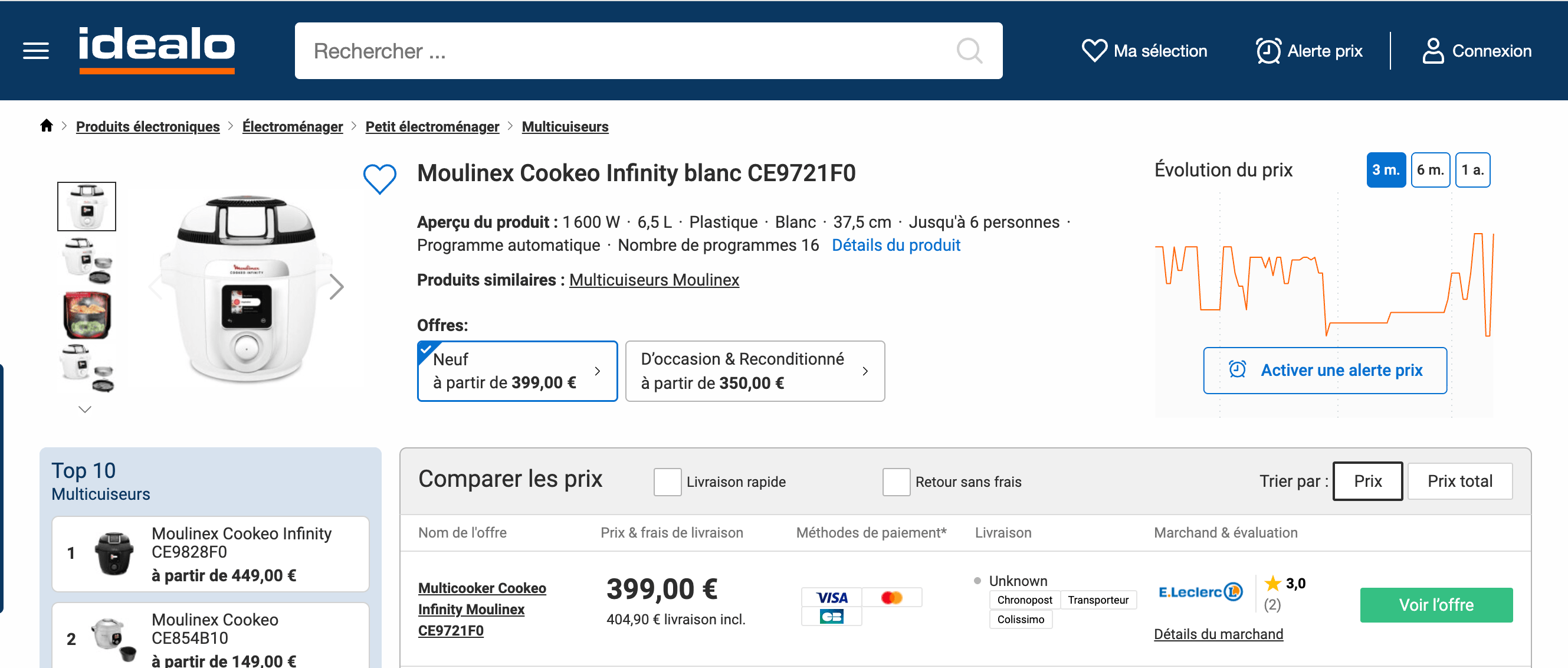 Historique de prix d'un Cookeo Moulinex sur idealo