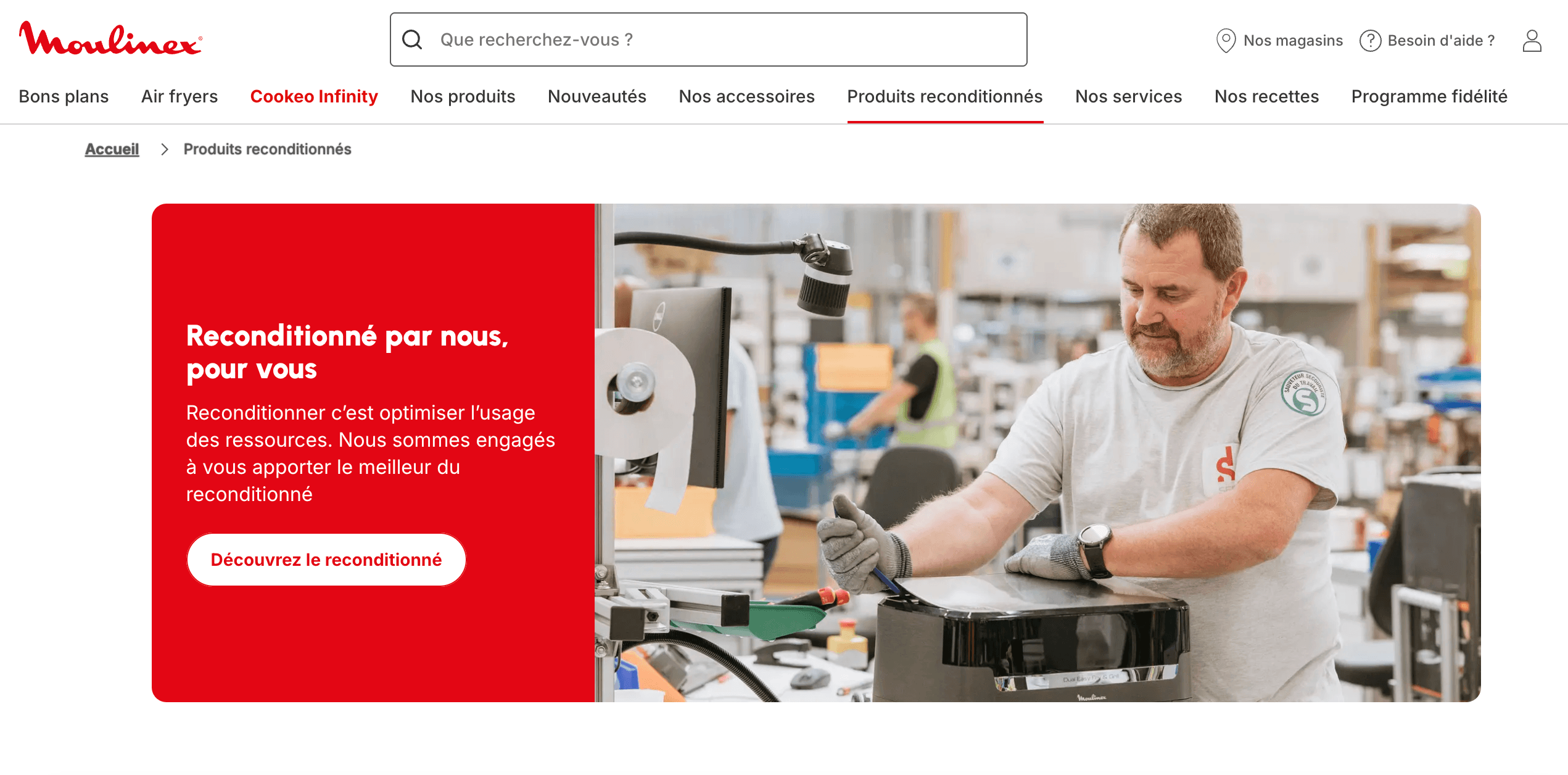 Capture d'écran de la boutique reconditionné officielle de Moulinex