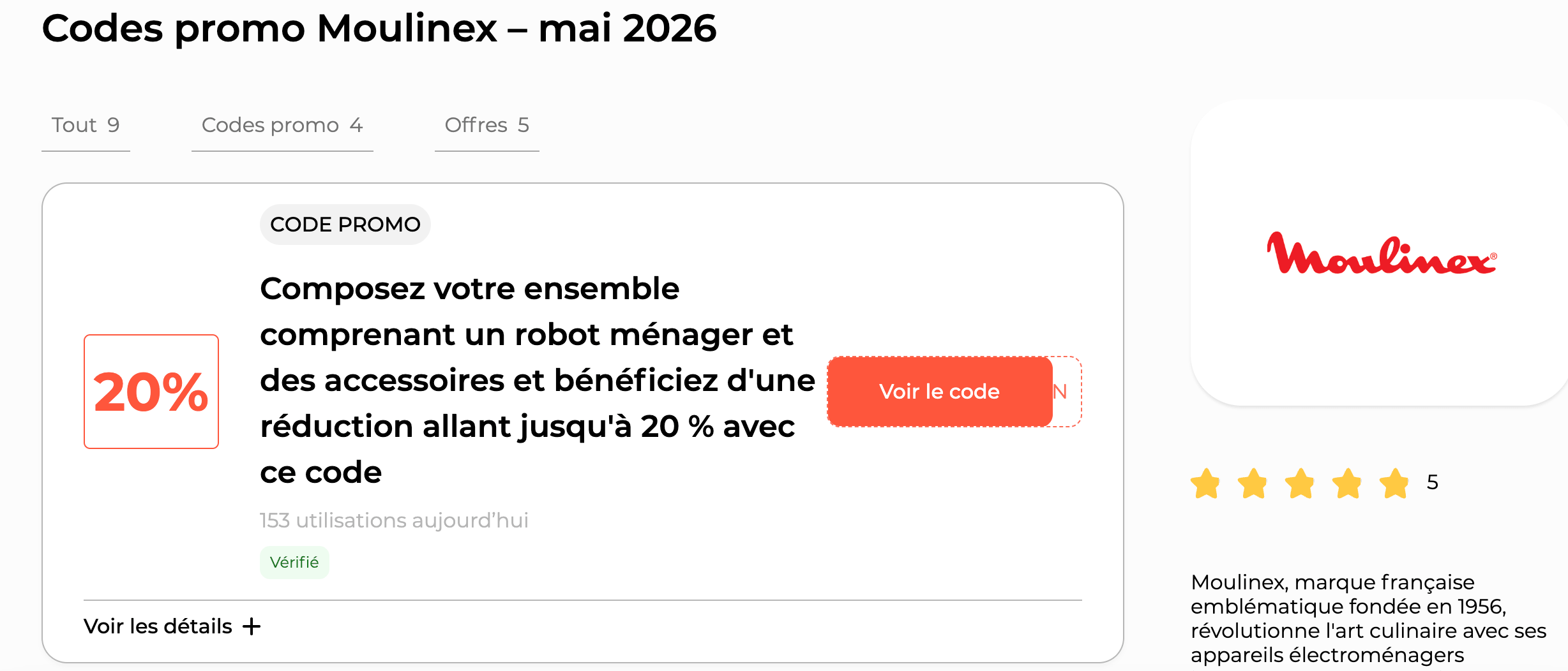 Capture d'écran d'un site de coupons affichant de nombreux codes promo Moulinex non vérifiés