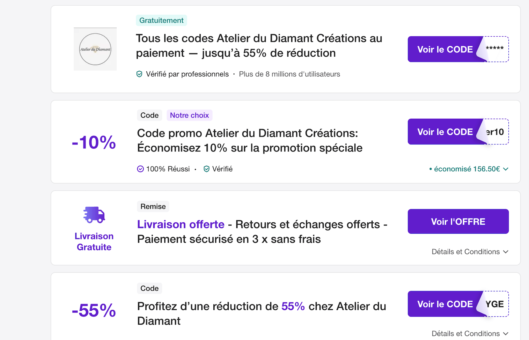Capture d'écran de sites de coupons affichant des codes promo Atelier du Diamant inventés