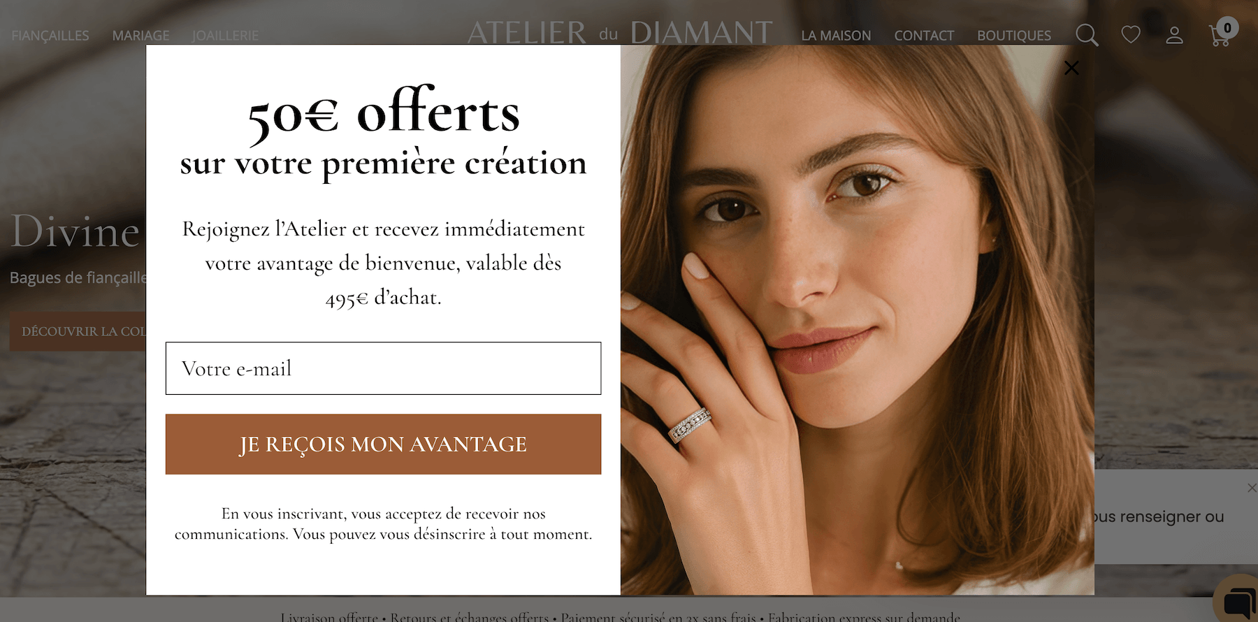 Capture d'écran du popup Atelier du Diamant offrant 50 euros sur la première création via la newsletter