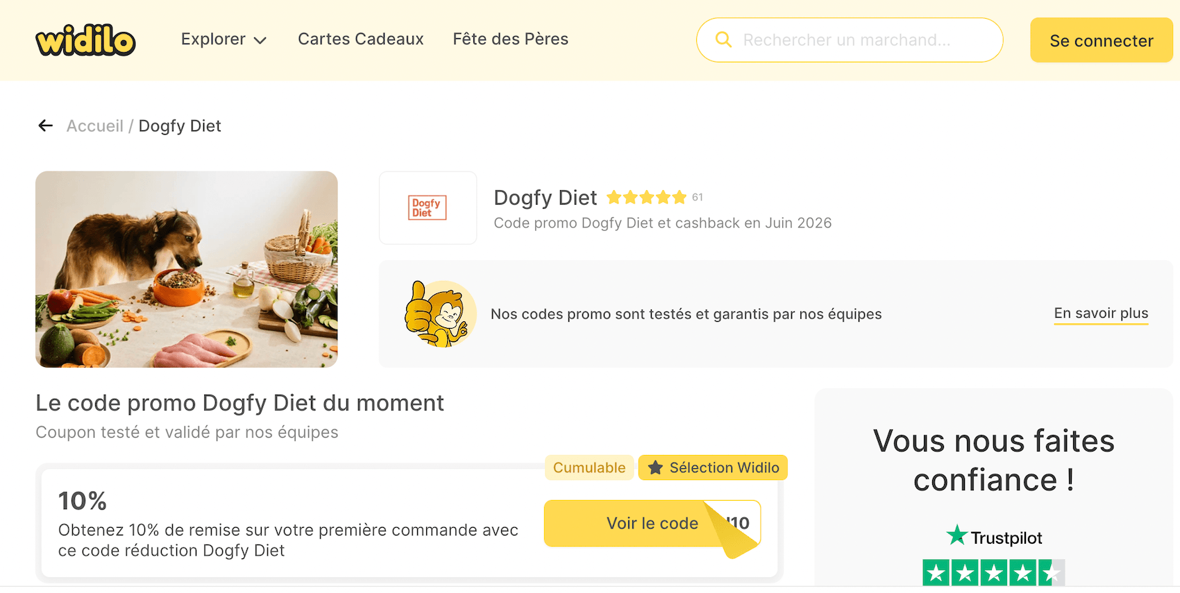 Capture d'écran de la page cashback Dogfy Diet sur Widilo