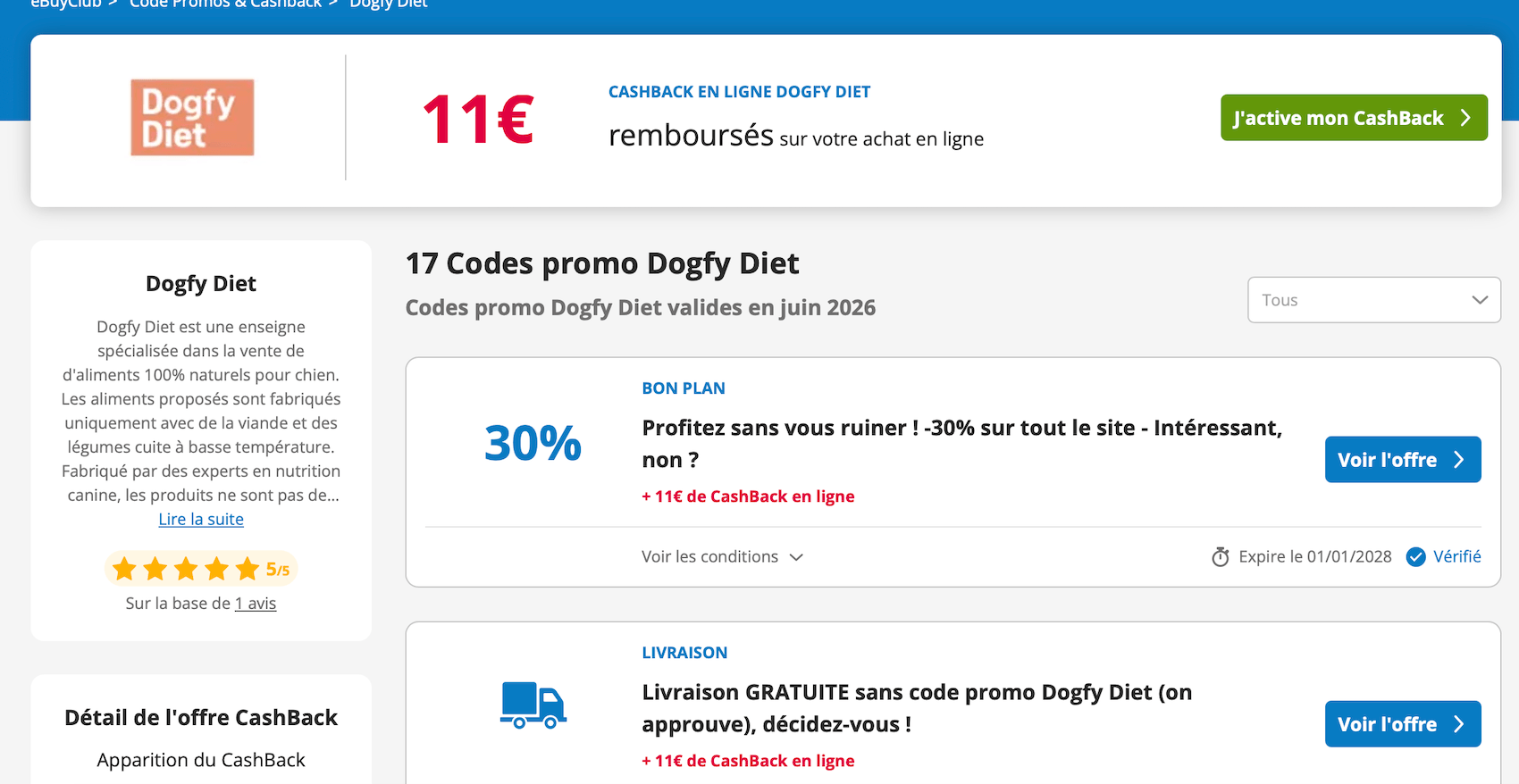 Capture d'écran d'un site de coupons affichant des codes Dogfy Diet de campagnes passées