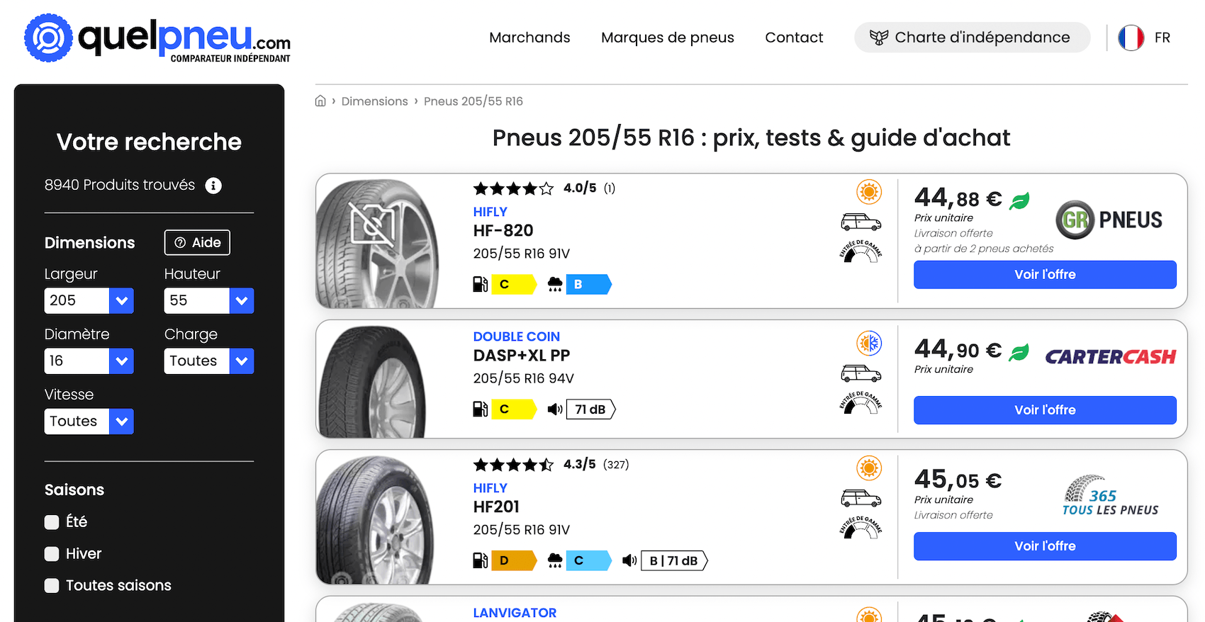 Capture d'écran d'un comparateur de prix de pneus listant Goodwheel