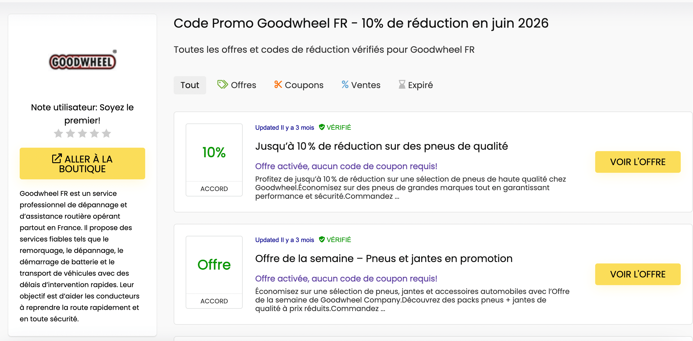 Capture d'écran d'un site de coupons affichant de faux codes promo Goodwheel