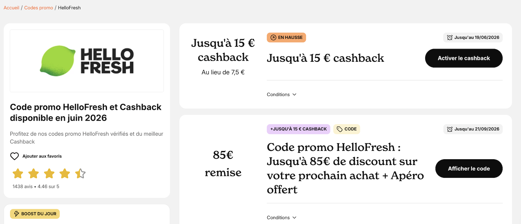 Fiche HelloFresh sur iGraal affichant le cashback disponible pour une premiere commande