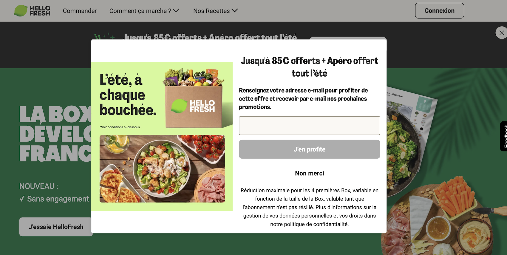 Page d'accueil HelloFresh affichant l'offre jusqu'à 85 euros pour les nouveaux clients