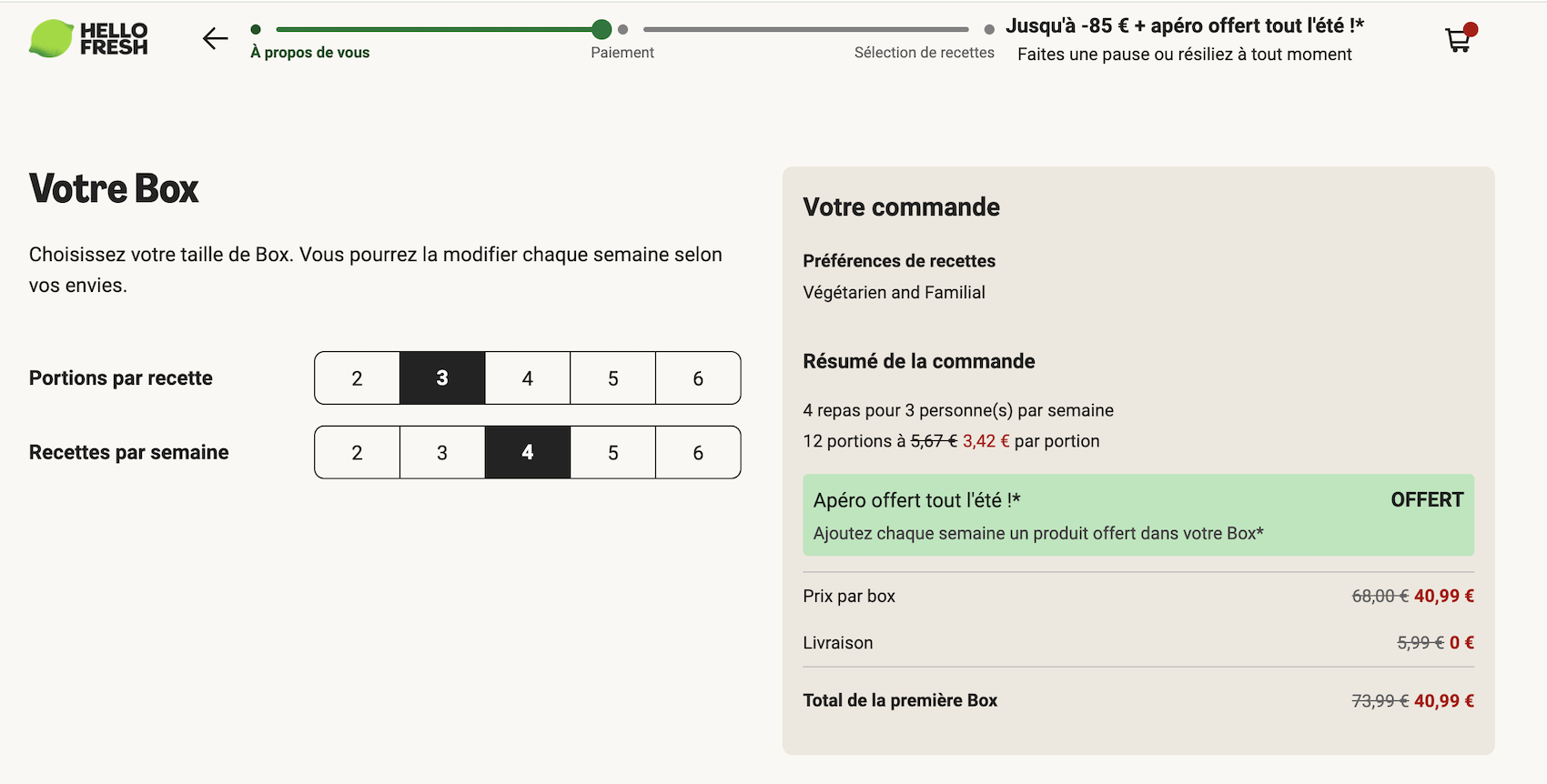 Selecteur de formule HelloFresh avec le nombre de repas et de personnes