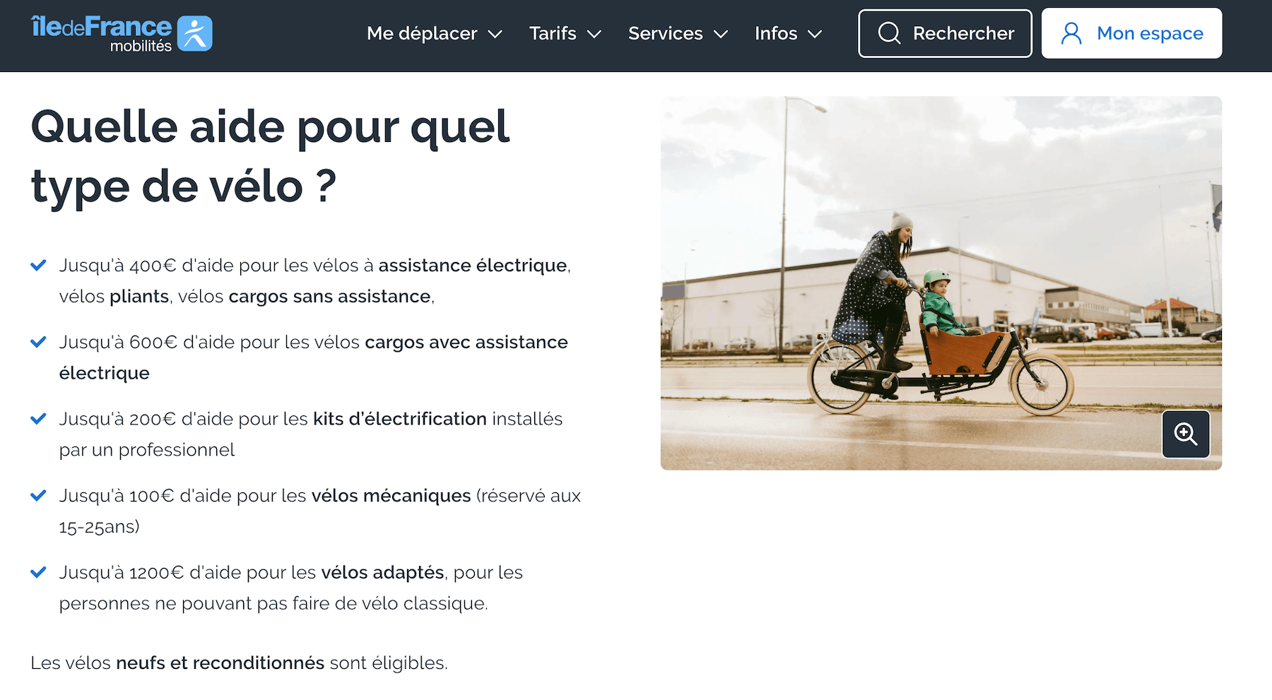 Capture d'écran de la page d'aide à l'achat de vélo électrique d'Île-de-France Mobilités