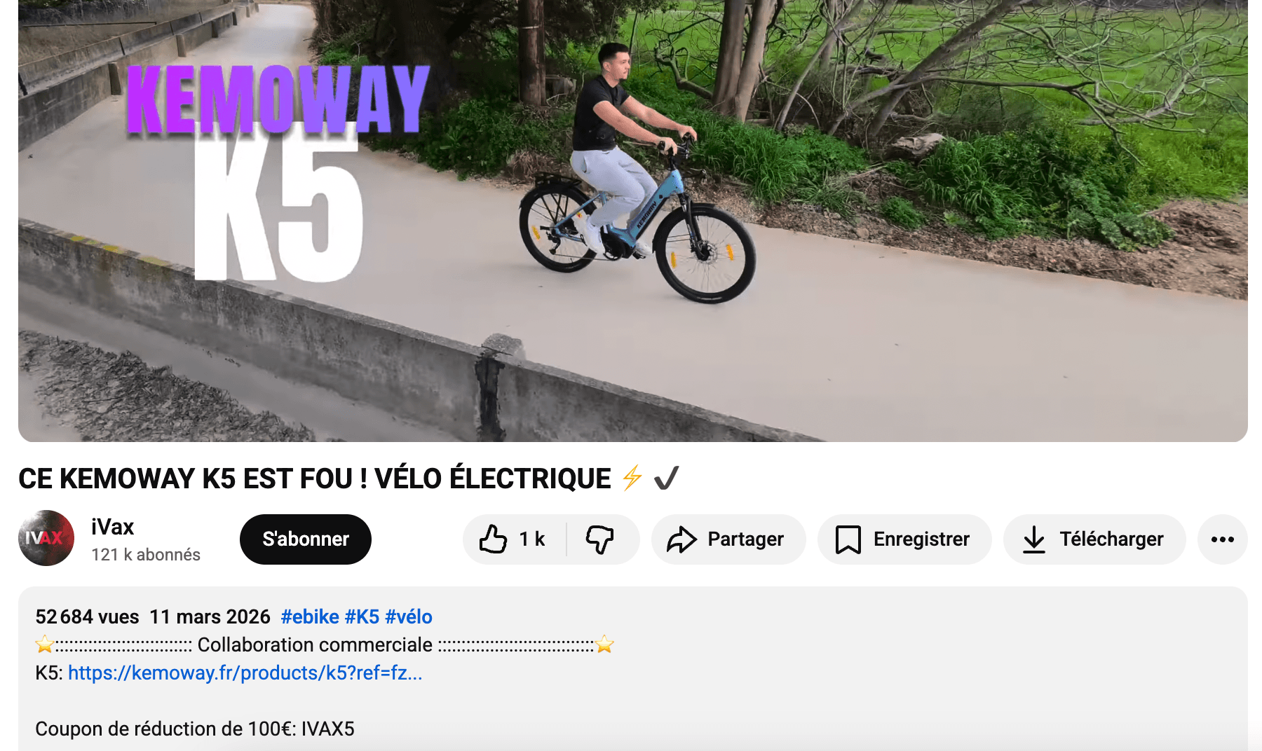 Capture d'écran d'une description de vidéo YouTube contenant un code créateur Kemoway