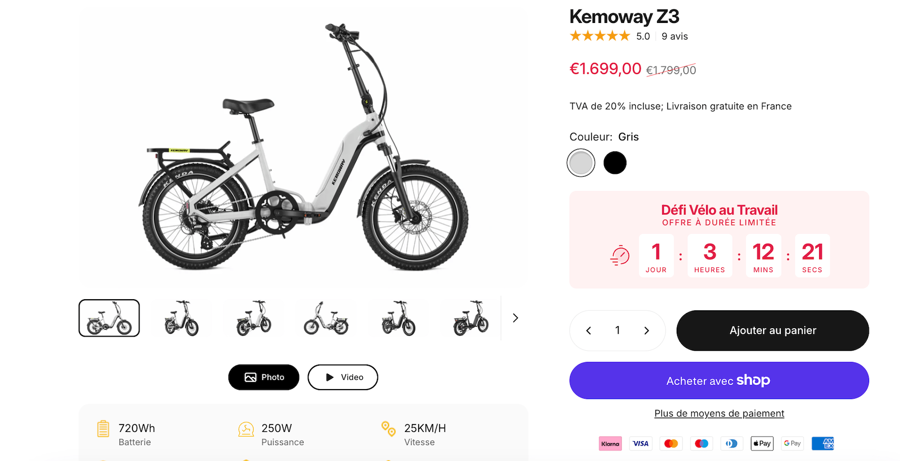 Capture d'écran du site Kemoway montrant la remise de 100 euros accompagnée d'un compte à rebours