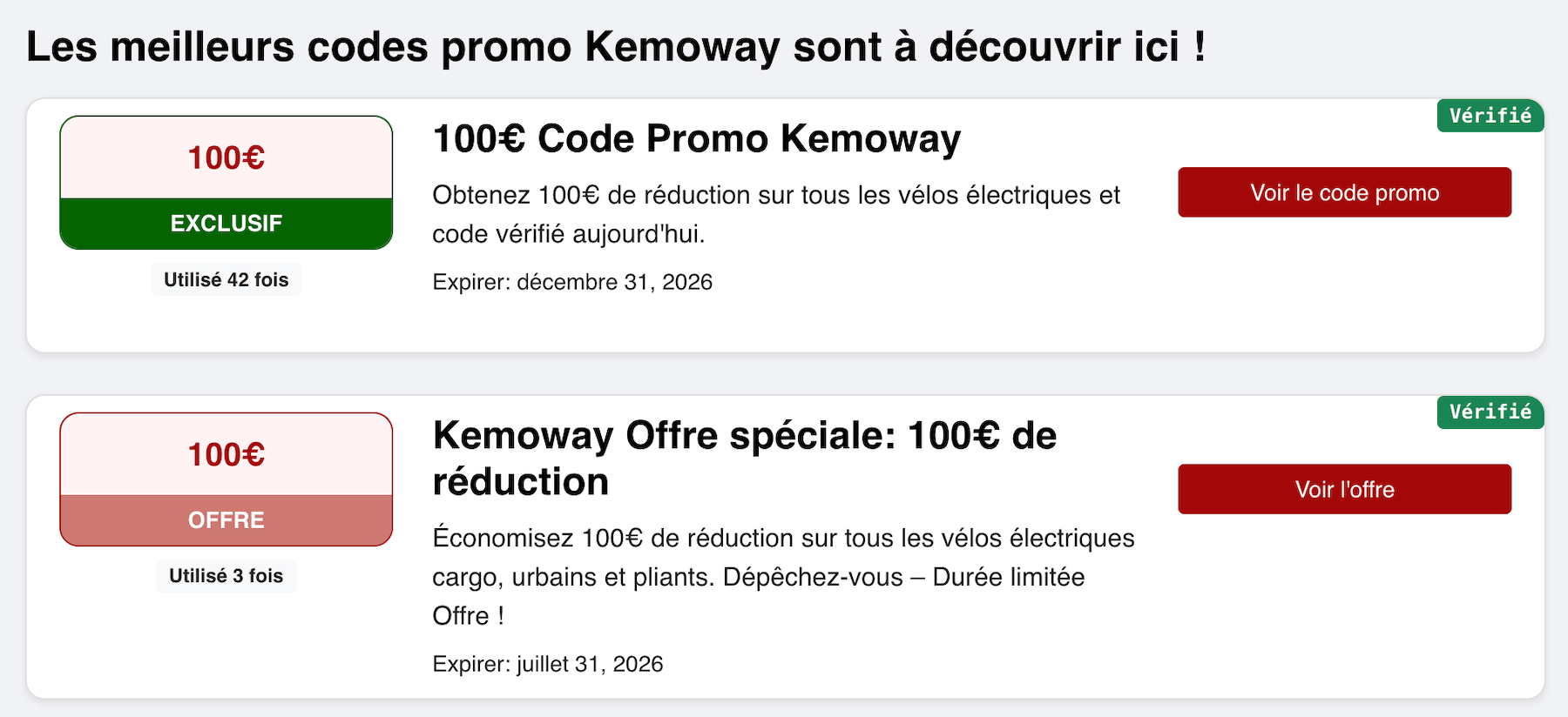 Capture d'écran d'un site de coupons affichant un pseudo code promo Kemoway de 100 euros