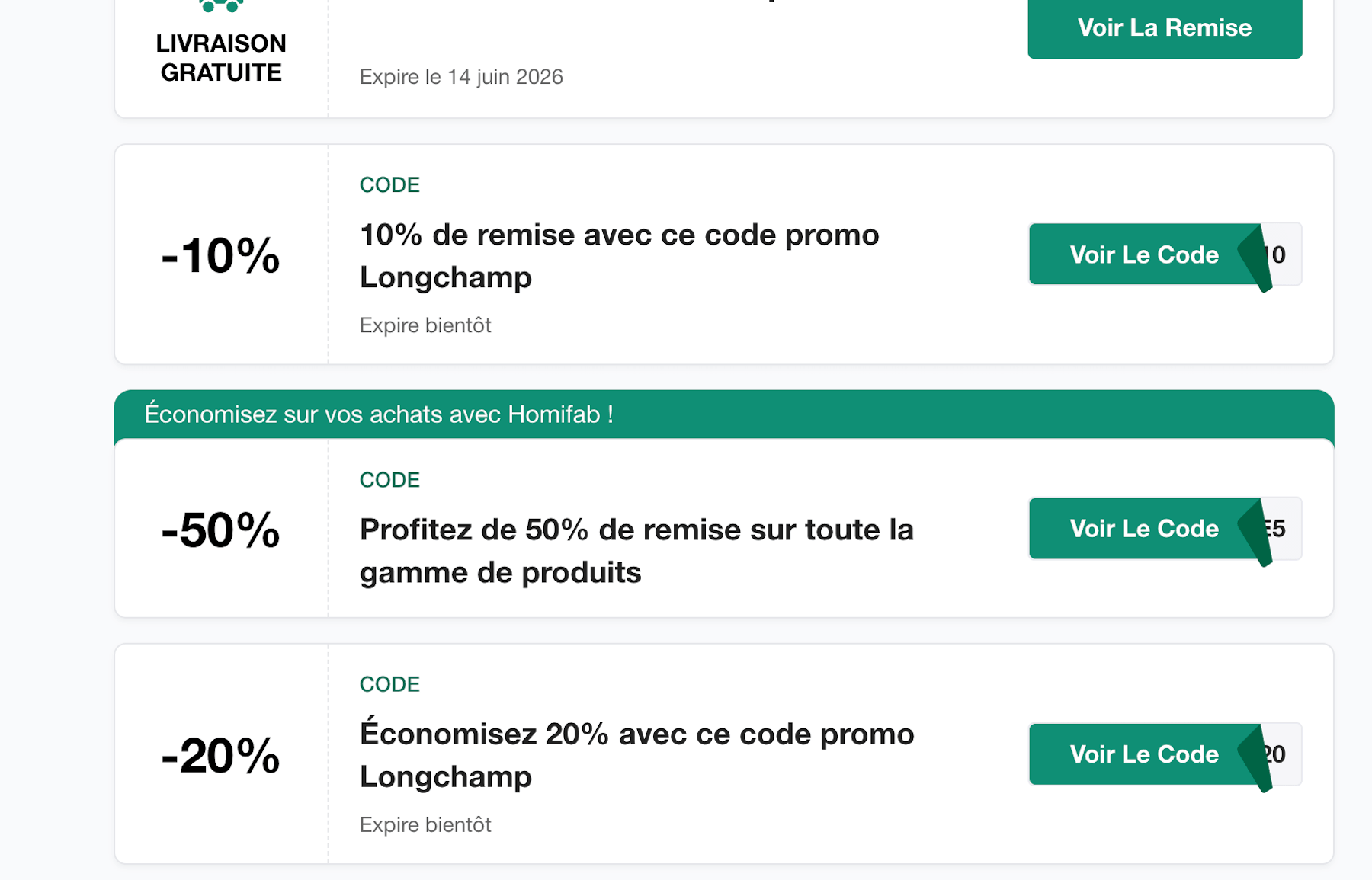 Capture d'écran de sites de coupons affichant des codes promo Longchamp inventés