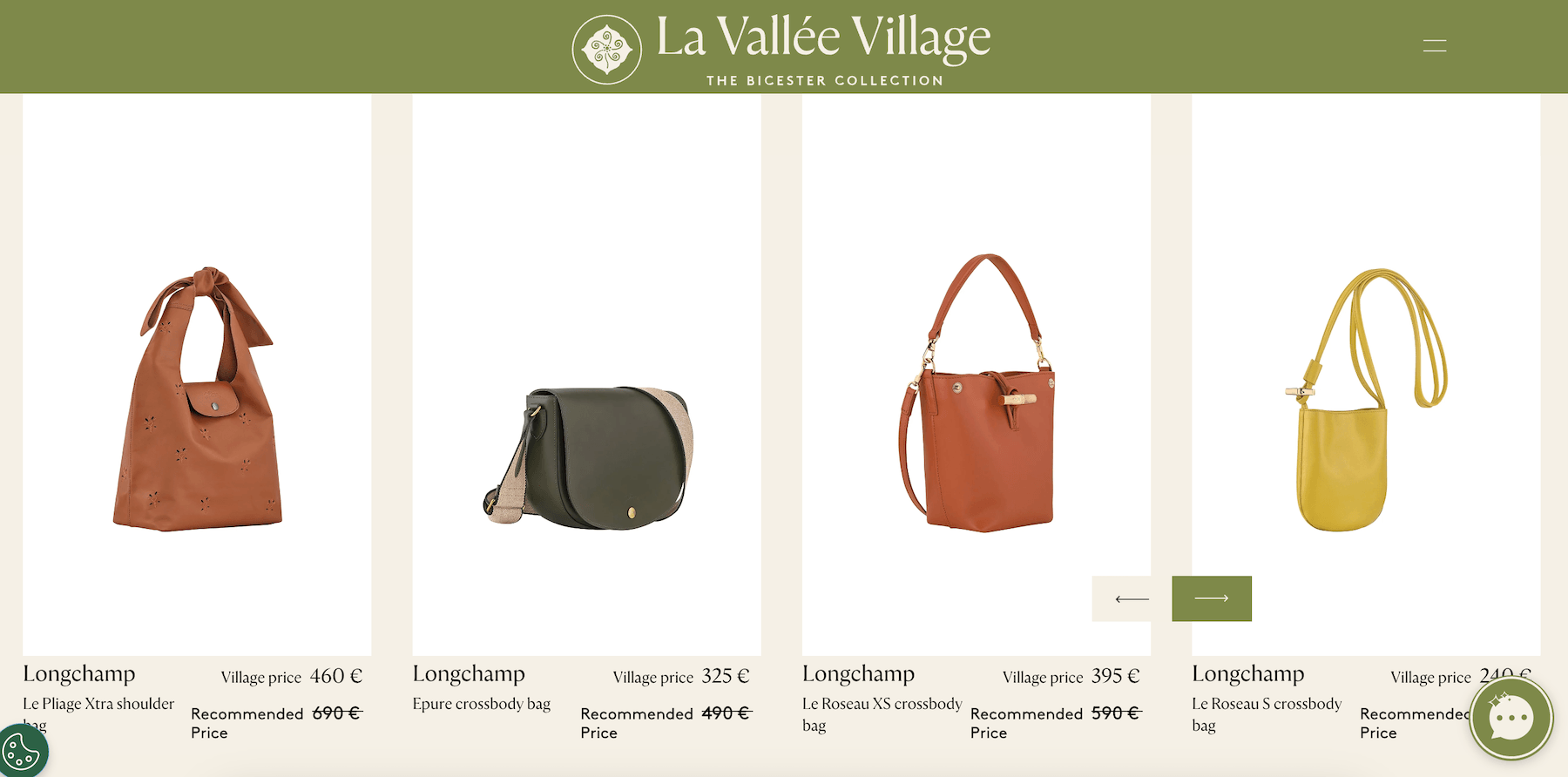 Capture d'écran de la page de la boutique outlet Longchamp à La Vallée Village