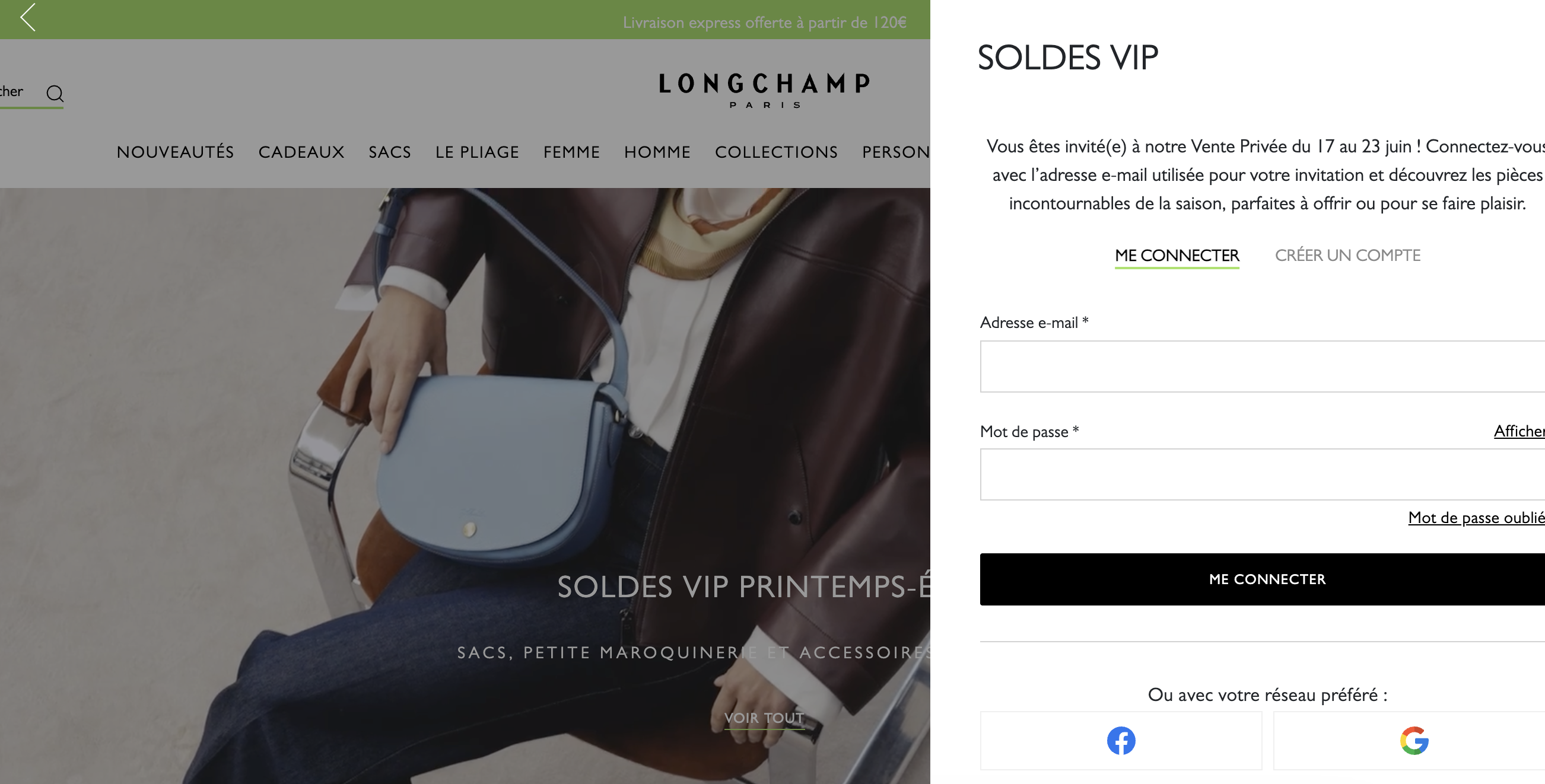 Capture d'écran de la page Soldes VIP du site officiel Longchamp