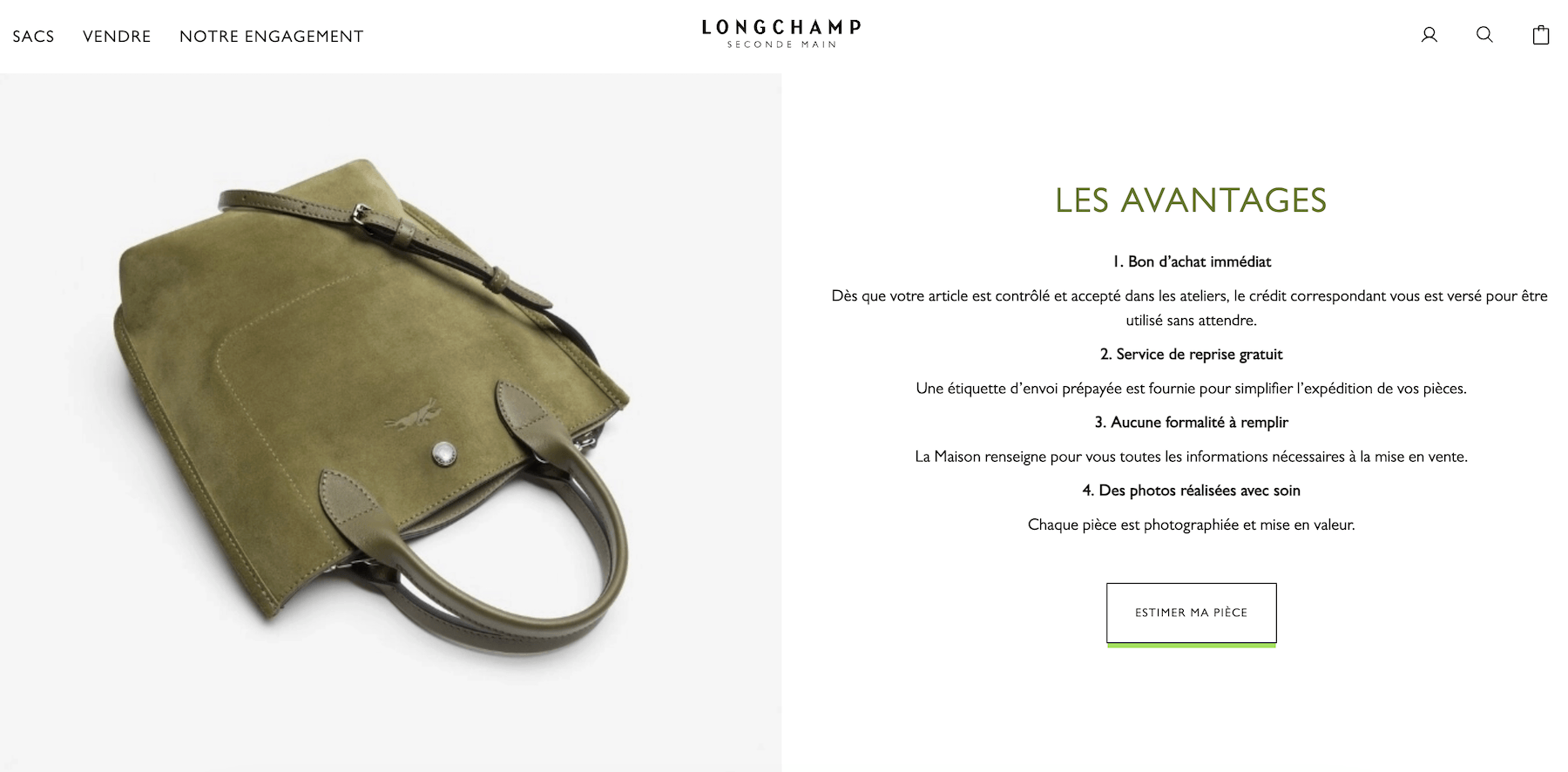 Capture d'écran du service de reprise de la plateforme Longchamp Seconde Main