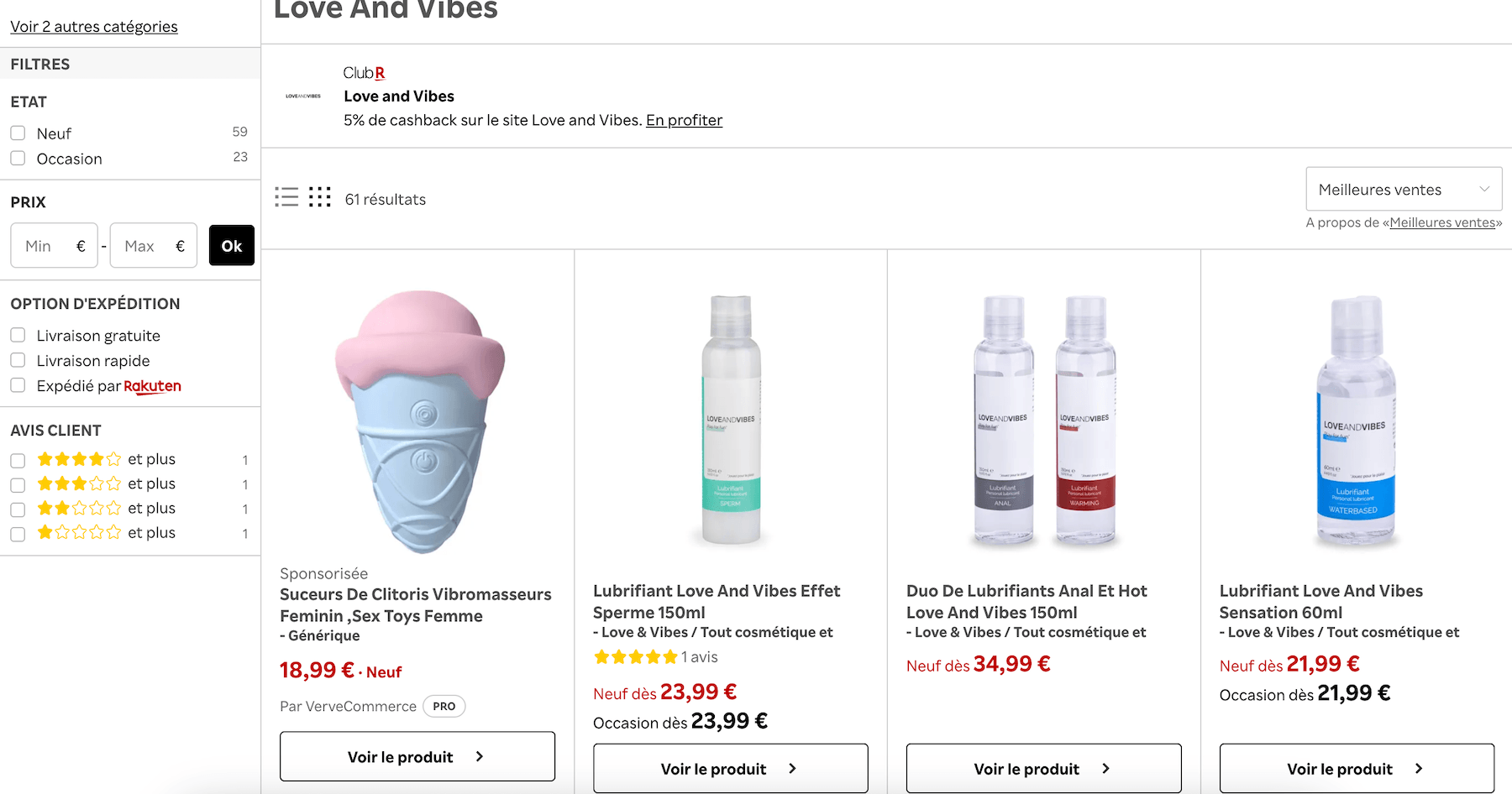 Capture d'écran de la boutique officielle Love and Vibes sur Rakuten avec le cashback affiché