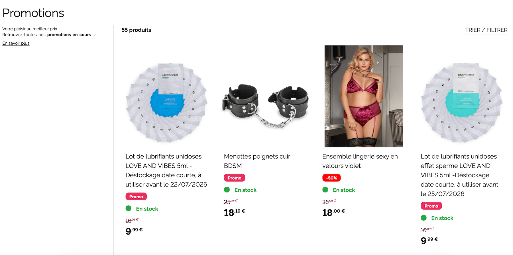 Capture d'écran de la page Promotions officielle de Love and Vibes avec des remises de -50 %