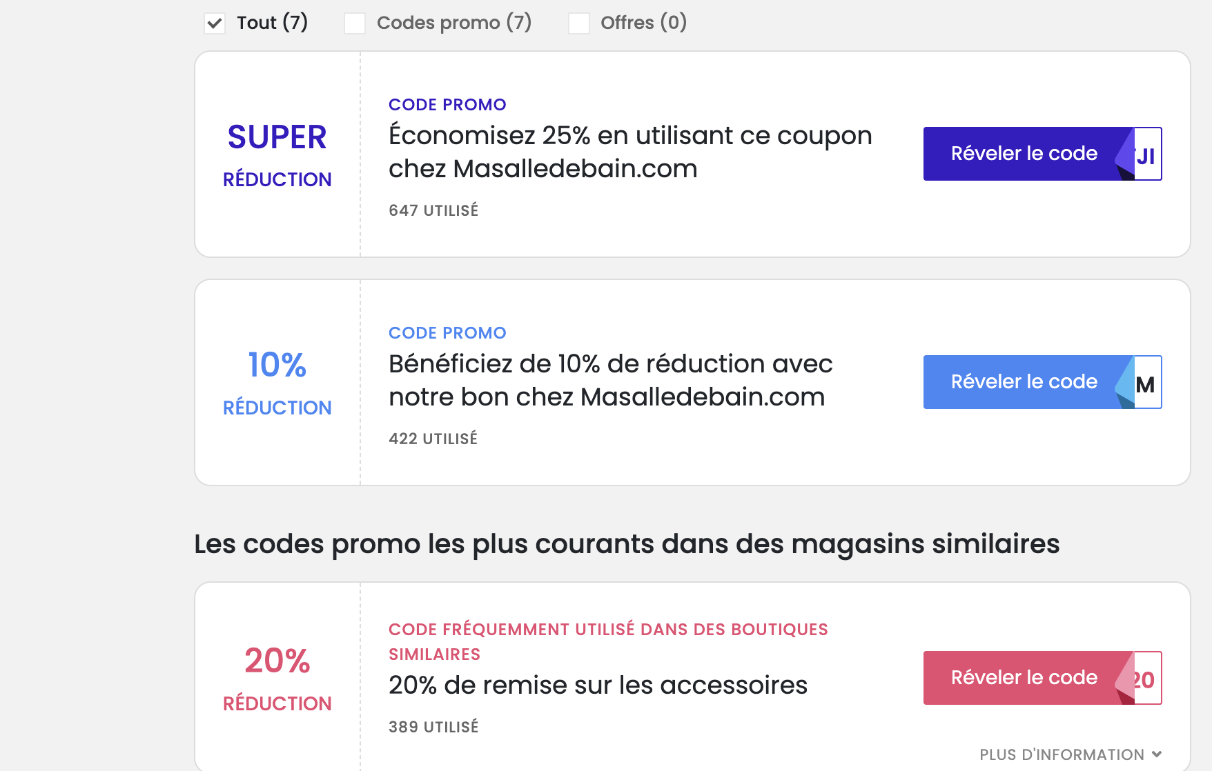 Capture d'écran de sites de coupons affichant des codes promo masalledebain.com recyclés