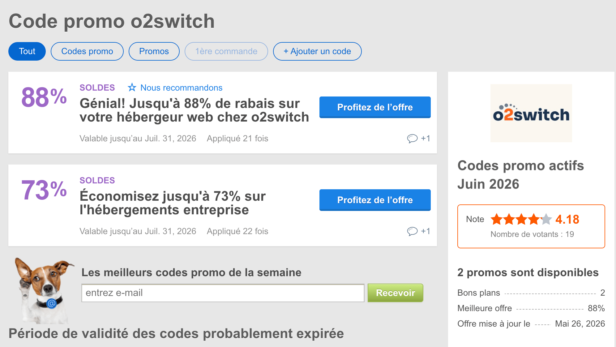 Liste de codes promo o2switch majoritairement expirés sur un site de coupons