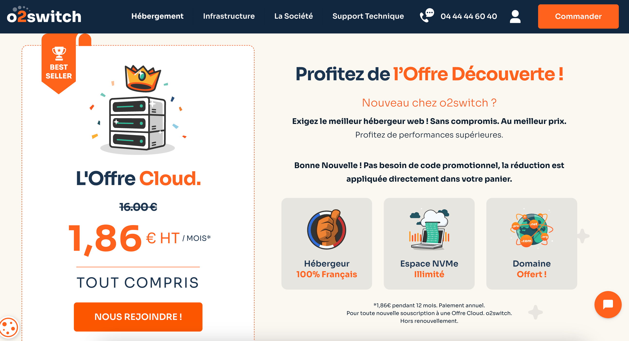 Page officielle o2switch indiquant que la réduction est appliquée sans code