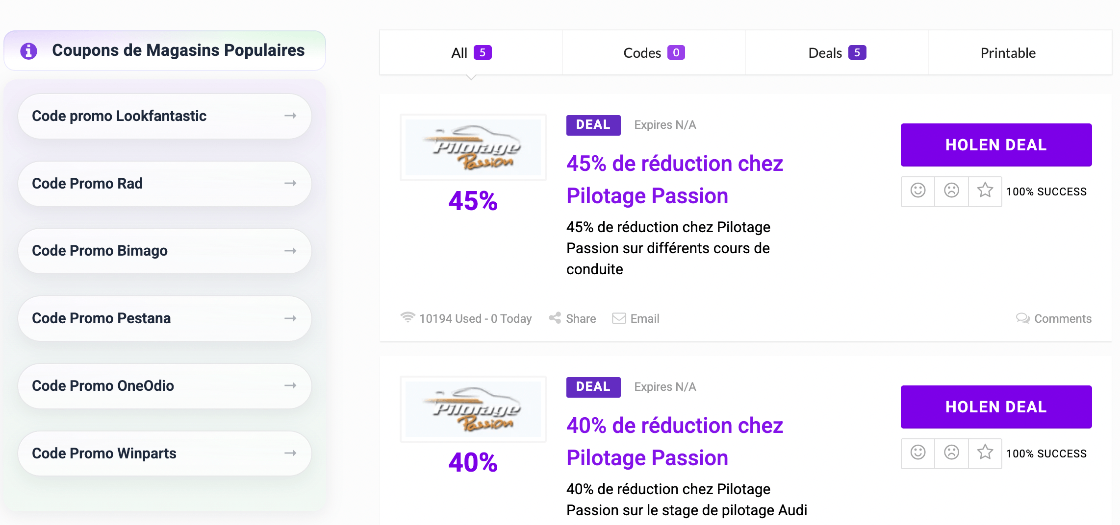 Capture d'écran d'un site de coupons affichant de faux codes promo Pilotage Passion
