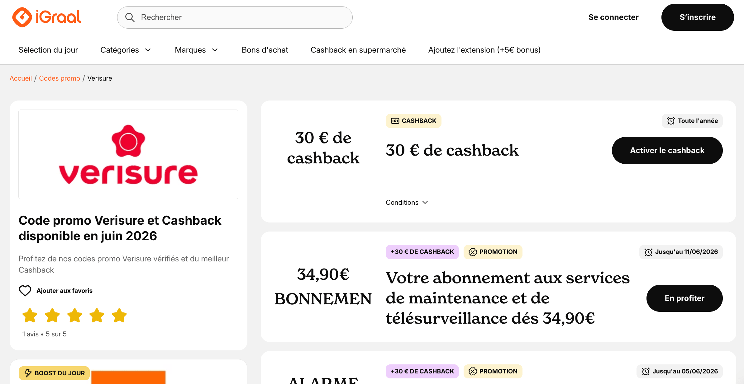 Fiche cashback Verisure sur iGraal avec montant remboursé