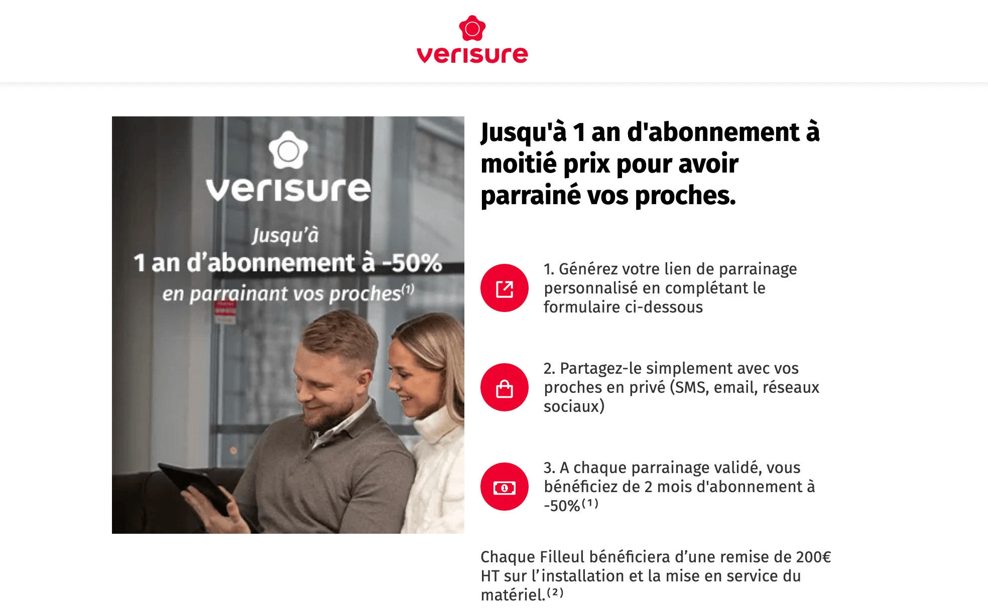 Page du programme de parrainage Verisure avec 200 euros de remise pour le filleul